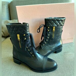 Carlo Pazolini Boots, leather, flat, new, black with gold metal, US 7.5, Italy